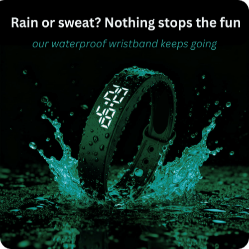 Digital wristband with water splashes on a black background, emphasizing waterproof feature.