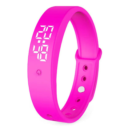 Pink digital band with a white display on a white background